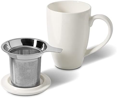ספל תה קרמיקה של COMSAF עם מכסה ומכסה, ספל חרסינה גדול של 16 גרם עם פילטר תה לתה/תיק תה רופף, כוס תה לתה לבית משרד, לבן