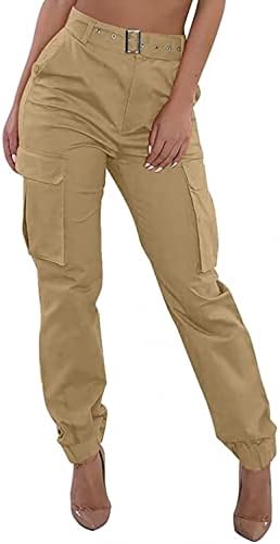 Poiude חיצוני אלסטי מותניים גבוהות מכנסי מטען לנשים מכנסיים רציצים קרביים מזדמנים עם כיסים עם כיסים