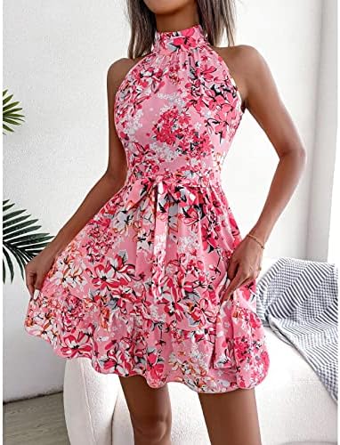 שמלות קיץ מזדמנות לנשים הדפס פרחוני ללא שרוולים עגול צוואר עגול שמלת מיני זורמת זורמת שמלה עם חגורה