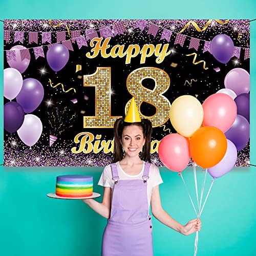 באנר רקע לקישוט יום הולדת 18, קישוטי יום הולדת 18 שמחים לילדות, אבזרי תא צילום למסיבת יום הולדת 18 סגול זהב, שלט פוסטר ליום הולדת 18 בשבילה,