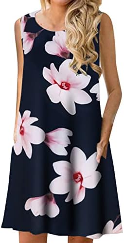 שמלות קיץ של Beuu לנשים 2022 נדנדות ללא שרוולים מודפסות עגול צוואר עגול גופית שמלה מזדמנת שמלה עם כיס
