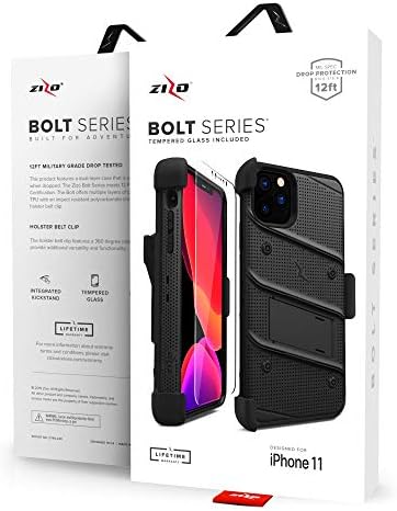 סדרת Zizo Bolt iPhone 11 Pro Case - הגנה על טיפת כיתה צבאית כבדה עם עמדת קיקסטנד כללה קליפ חגורה שרוך זכוכית מחוסמת - שחור