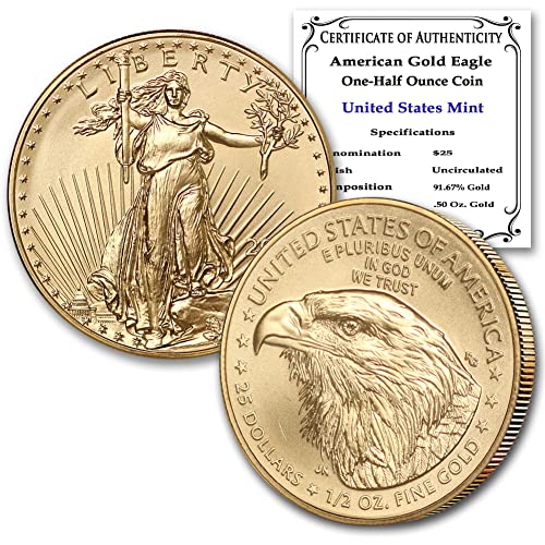 2022 1/2 גרם אמריקן גולד נשר מטבע מטבע מבריק ללא מחזור עם תעודת אותנטיות מאת Mint State Gold 25 $ bu