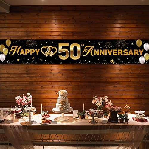 יום נישואין 50 שנה לקישוטים לחצר חצר קישודים, קישוטים לקישוטים של 50 שנה מוזהבים, 50 שנה ציוד מסיבת יום השנה זהב לקורה חיצוני, בד יציב