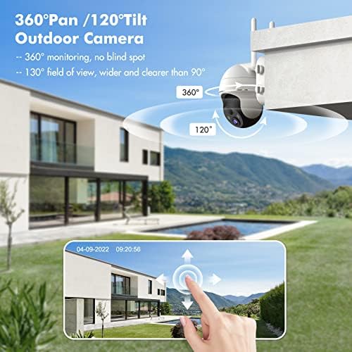 מצלמת אבטחה 2K WiFi אלחוטי חיצוני עם 360 ° PTZ, מצלמות אלחוטיות המופעלות על סוללה של זומימאל למעקב ביתי, זרקור וסירנה/פייר זיהוי/3MP ראיית