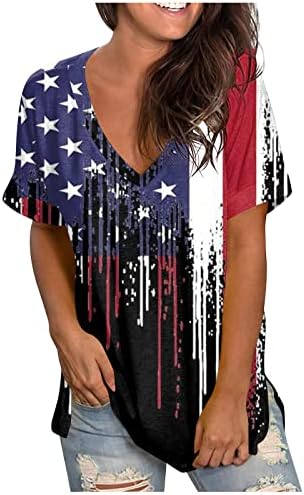 צמרות נשים טרנדיות הדפסת דגל אמריקאית עם צווארון V שרוול קצר נינוח חולצות טייט מצחיקות לנשים