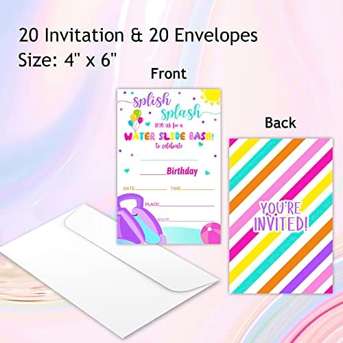 Zodvery Slide Slide Stime Handhipation Cards - Spolash Splash Splash Spolash ציוד לילדים, בנים או בנות - 20 הזמנות למסיבת יום הולדת ו