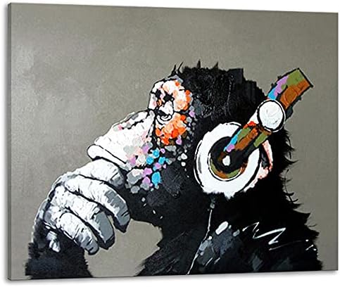 אמנות מוסיקה קוף עם אוזניות ציורי שמן יד מצוירת על בד קיר אמנות לסלון השימפנזים מדיה חדר אמנות מ