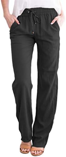 Andongnywell נשים אלסטיות משרטטות פשתן מכנסיים ארוכים מכנסי פשתן מזדמנים מכנסיים אוקיינסייד עם כיסים