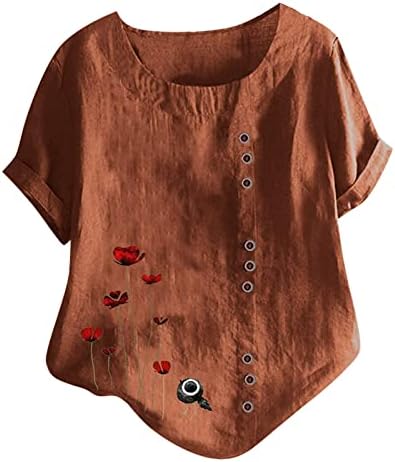 נשים קיץ כותנה פשתן חולצת טי חולצות טרנדי פרחוני הדפסת 2023 מזדמן רופף טוניקת טי ליידי בתוספת גודל צווארון עגול חולצות