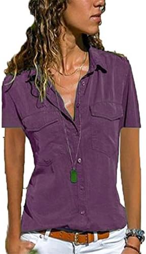 Andongnywell בצבע אחיד מזדמן של נשים V צוואר V צוואר שרוול קצר חולצות חולצות חולצות חולצות עם כיסים