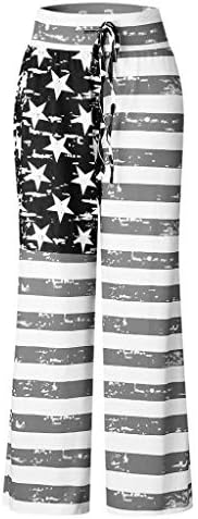 מכנסי רגל רחבים לנשים דגל אמריקאי רגוע בכושר מכנסי רגל רחבים המותניים 4 ביולי רגל רחבה מכנסיים מזדמנים עם כיסים