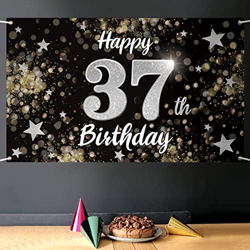 יום הולדת ה -37 שמח נלבירת שחור & מגבר; באנר גדול כוכב כסף - לחיים 37 שנים יום הולדת ישן רקע קיר קיר הבית, קישוט מסיבת יום הולדת 37.