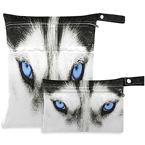 visesunny 2 pcs תיק רטוב עם כיסים עם רוכסן עיניים כחולות של כלב אסקי בעלי חיים רחיצה לשימוש חוזר לשימוש חוזר לנסיעות, חוף, בריכה, מעונות