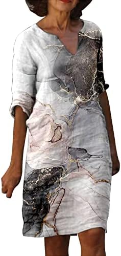 Beuu כותנה פשתן שמלת Midi לנשים V צוואר חצי שרוול שרוול פרחוני שמלה באורך ברך שמלות חוף קיץ שמלות שמלה