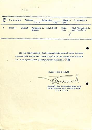הגנרל ארווין רומל חתום על מסמך מלחמת העולם השנייה 1941 JSA LOA