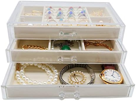 מארגן תכשיטים אקרילי של DQUTAR עם 3 מגירות, קופסת תכשיטים ברורה לקטיפה לטבעת שרשרת עגילים ומארז אחסון תצוגת צמיד לנשים בנות