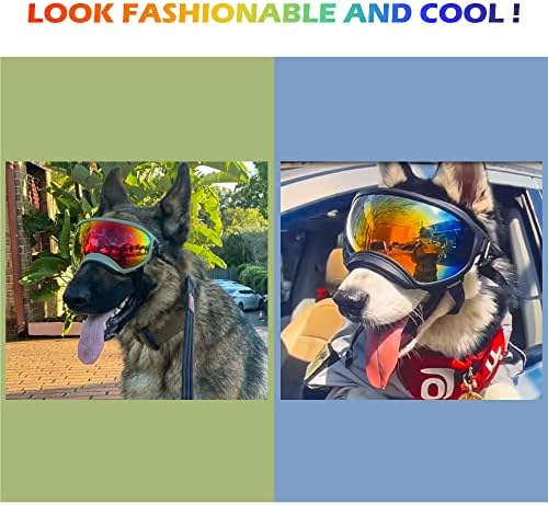 משקפי שמש גדולים עם כלבים עם רצועה מתכווננת הגנה על UV, משקפי שמש של כלבים בניצחון, מתאימים לכוסות חיית מחמד לכלב בינוני-גדול, הגנה על